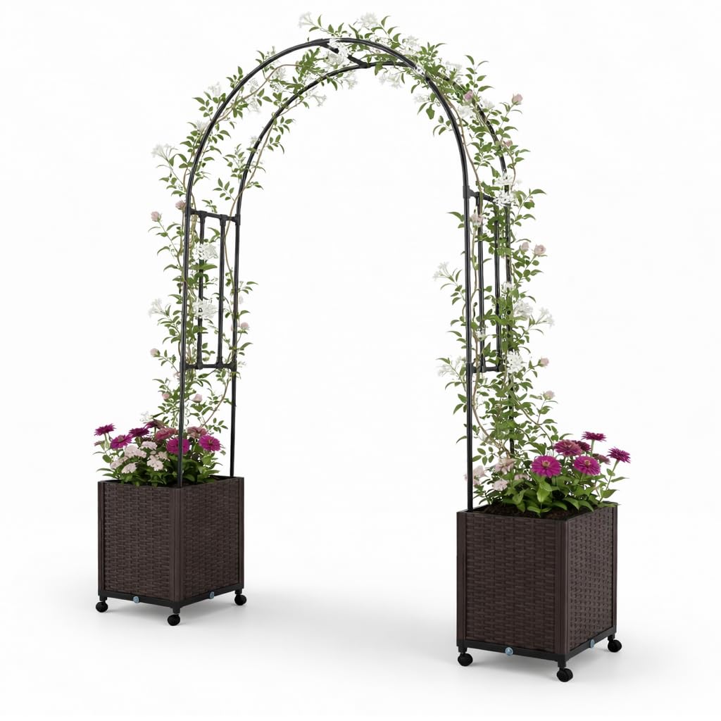 Giantex Metal Garden Arch Trellis Arbor with 2 Self-Watering Planter Boxes