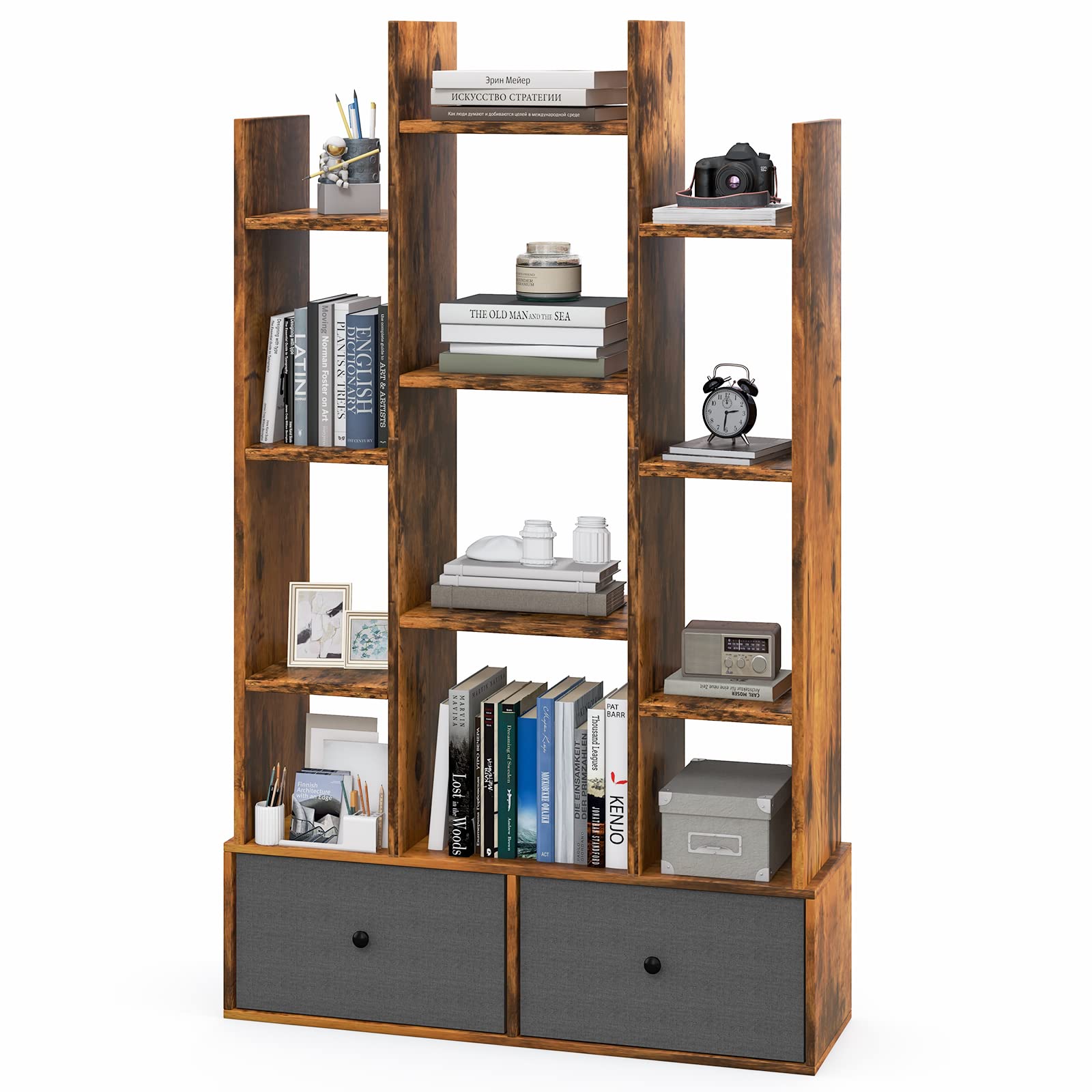 Giantex 9-Cube Bookcase with 2 Drawers - Industrial Freestanding Open Display Shelving with Anti-toppling Device