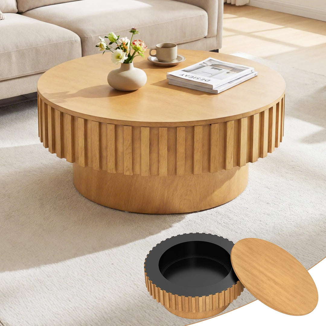 Giantex Round Coffee Table with Storage | Modern Drum Fluted Center Table with Solid Wood Veneered
