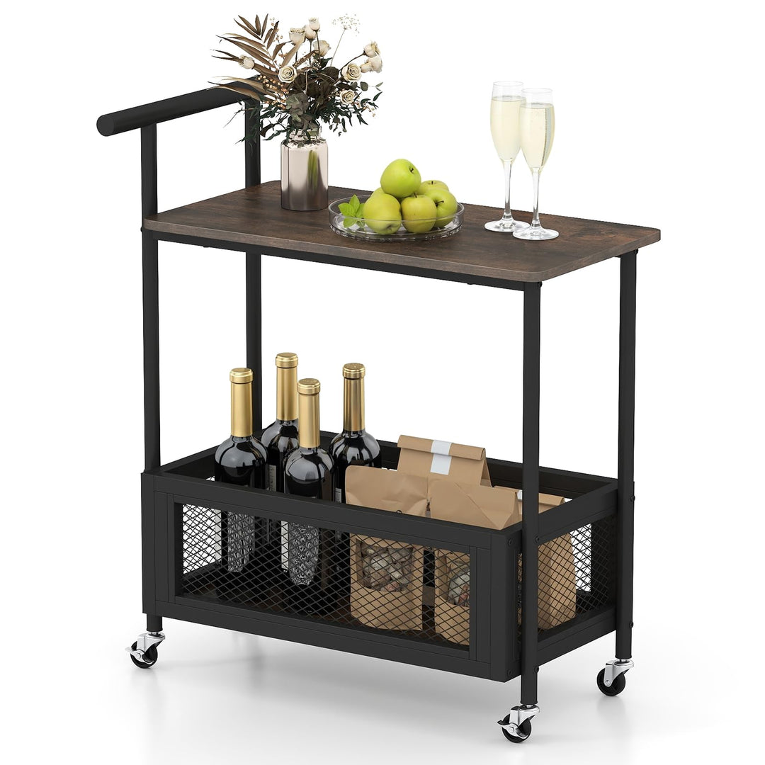 Giantex Rolling End Table with Handle 2-Tier Sofa Side Table with Open Shelf & Mesh Basket