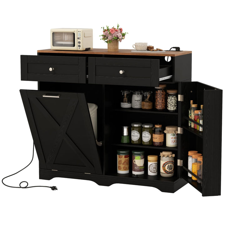 Tilt Out Trash Can Cabinet 9.25 Gallon, Kitchen Island with Power Outlet