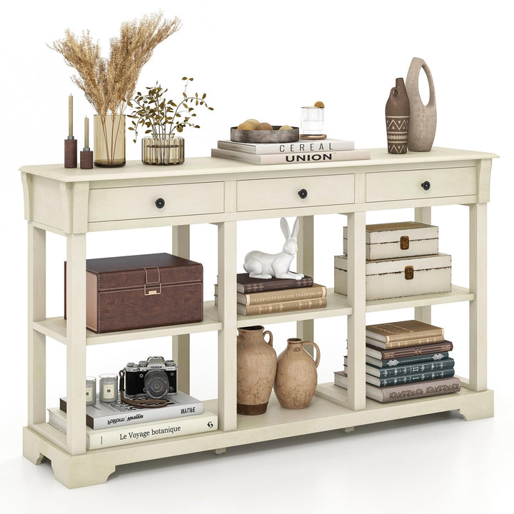 Giantex Console Table with Storage, 58” Long Sofa Table with 3 Drawers & Open Shelves
