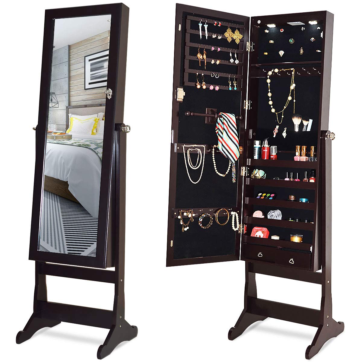 Giantex 57.5"H 2 LEDs Standing Jewelry Cabinet with Full Length Mirror with 2 Drawers, 4 Adjustable Angles, Jewelry Storage Organizer