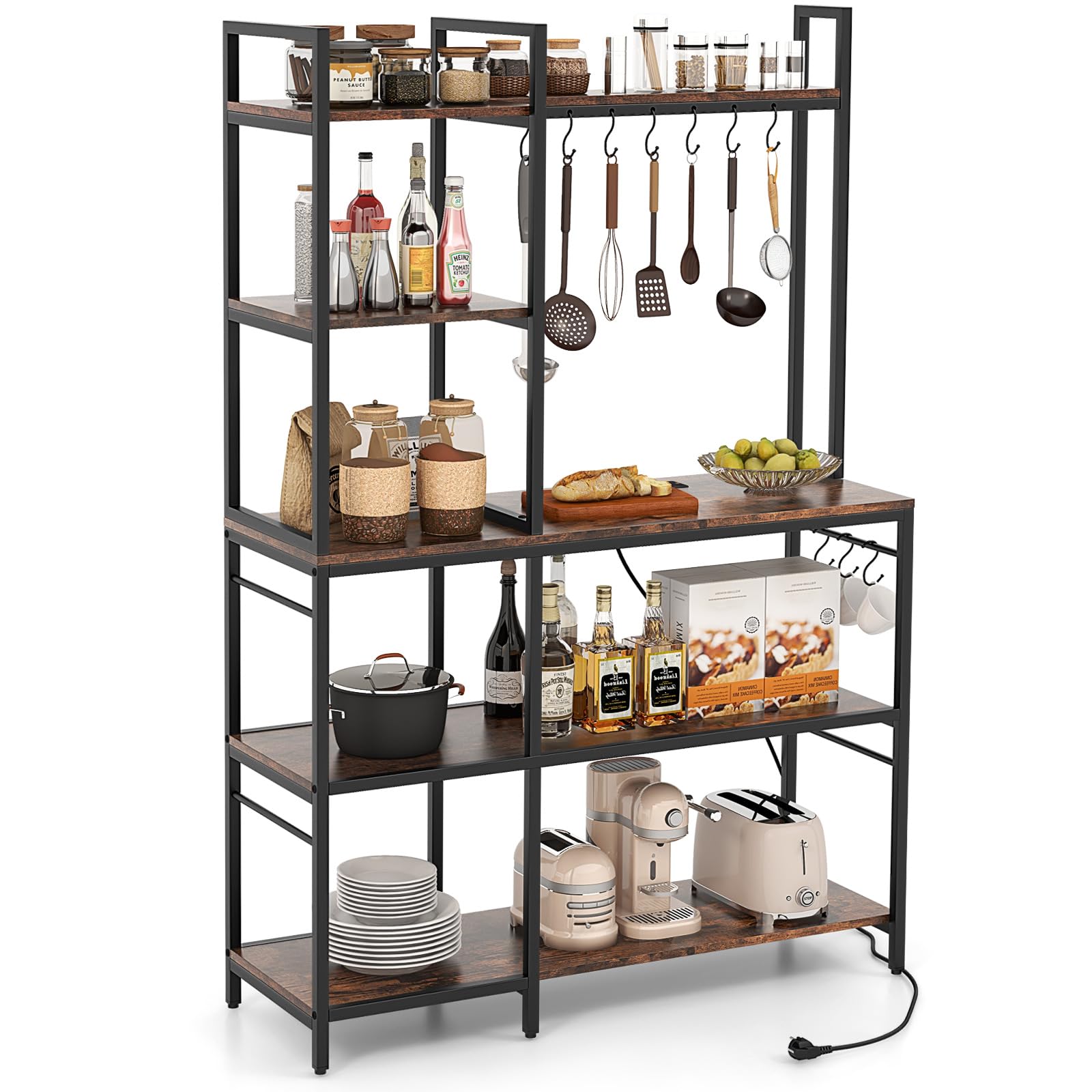 Giantex Bakers Rack with Power Outlets, 5-Tier Coffee Bar Table Organizer w/ 10 S-Shaped Hooks, 63" Large Microwave Stand