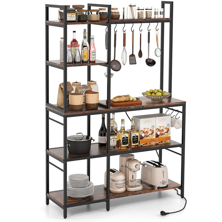 Giantex Bakers Rack with Power Outlets, 5-Tier Coffee Bar Table Organizer w/ 10 S-Shaped Hooks, 63" Large Microwave Stand