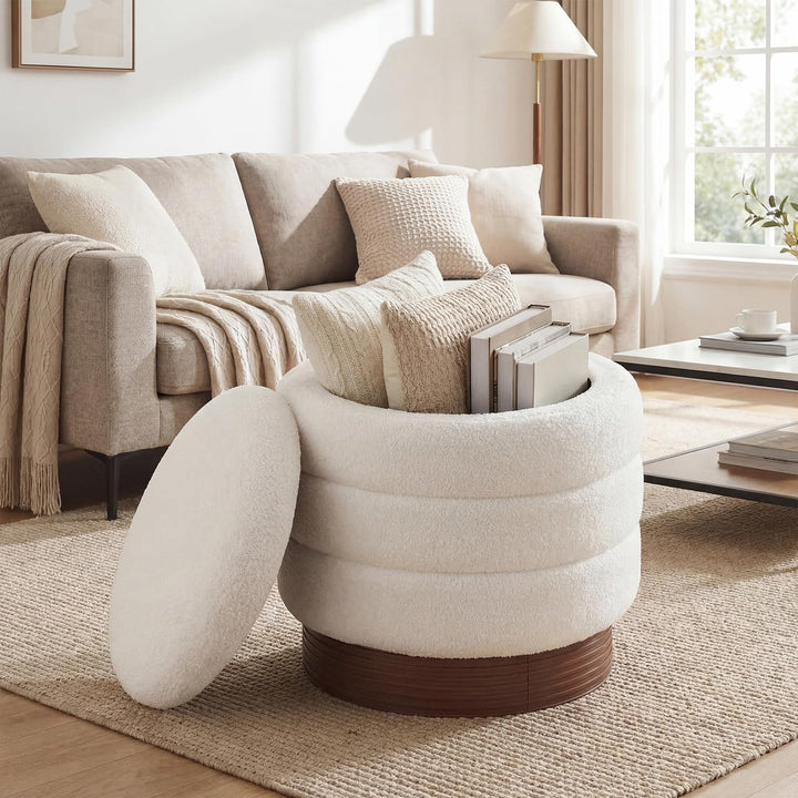 Giantex Round Ottoman with Storage 360° Swivel Boucle Vanity Stool