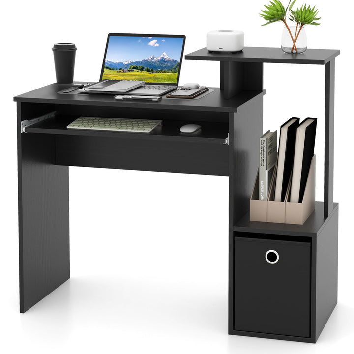 Giantex Computer Desk with Keyboard Tray, Compact Home Office Desk with Fabric Drawer & Storage Shelf