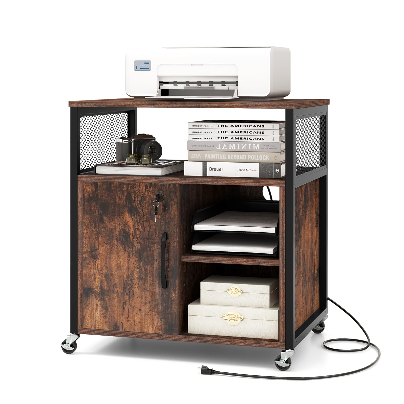 Giantex File Cabinet, Lateral Filing Cabinet with Lock, Wheels, Charging Station, Cable Hole, Lockable Side Cabinet