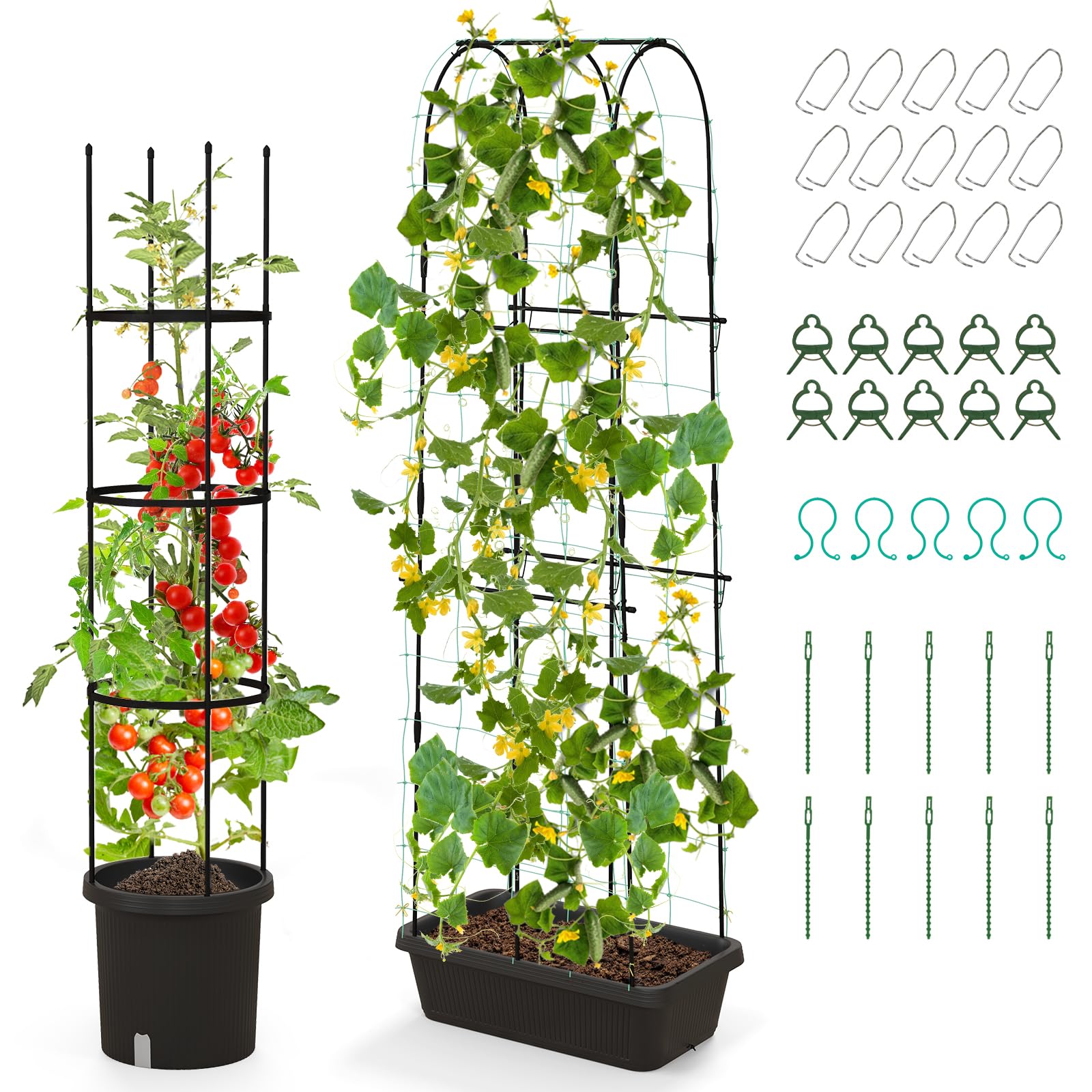 Giantex Set of 2 Raised Garden Bed w/Trellis & Plant Cage, Planter Box w/ 71” Cucumber Trellis