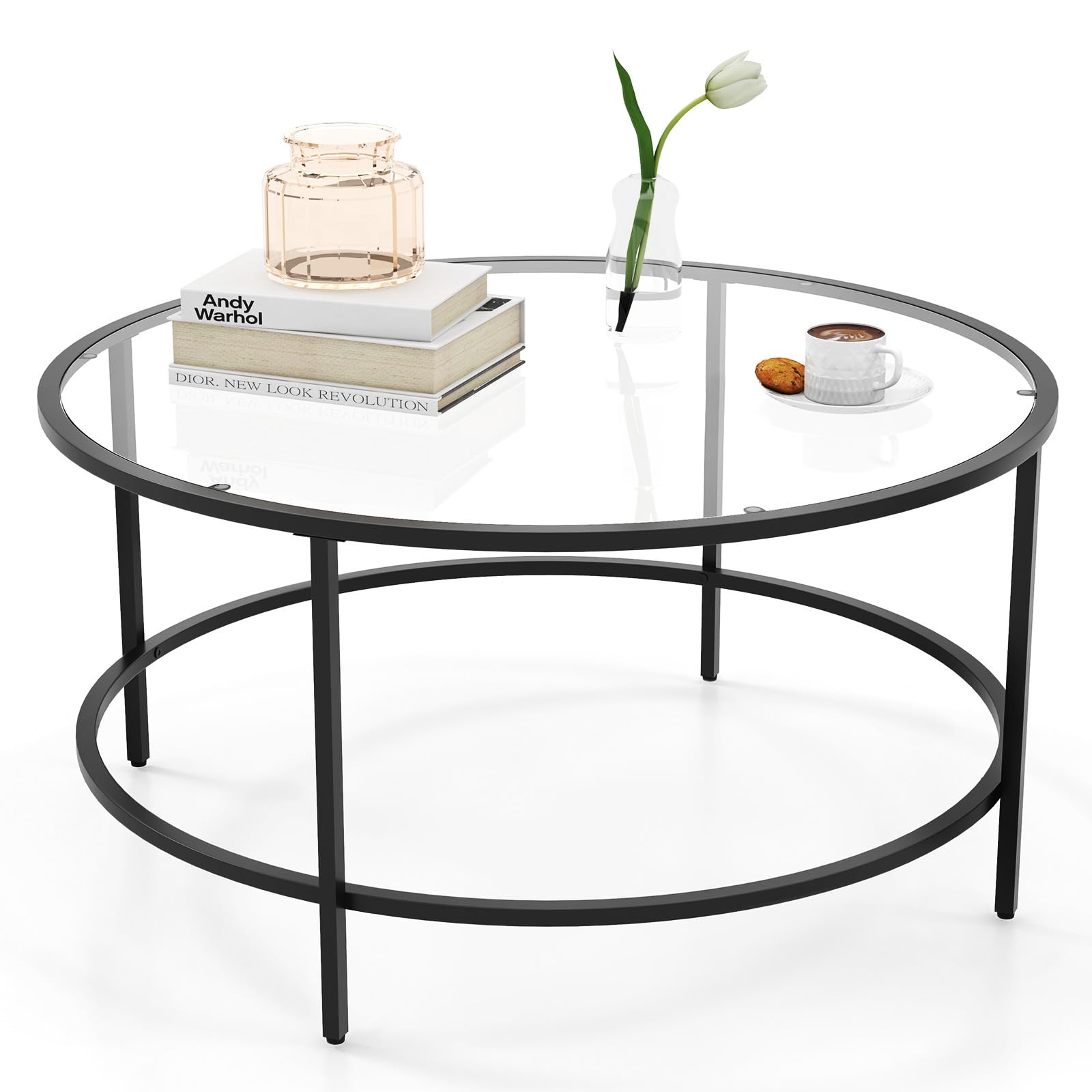 Giantex 35.5”D Round Coffee Table - Modern Coffee Table with Tempered Glass Tabletop