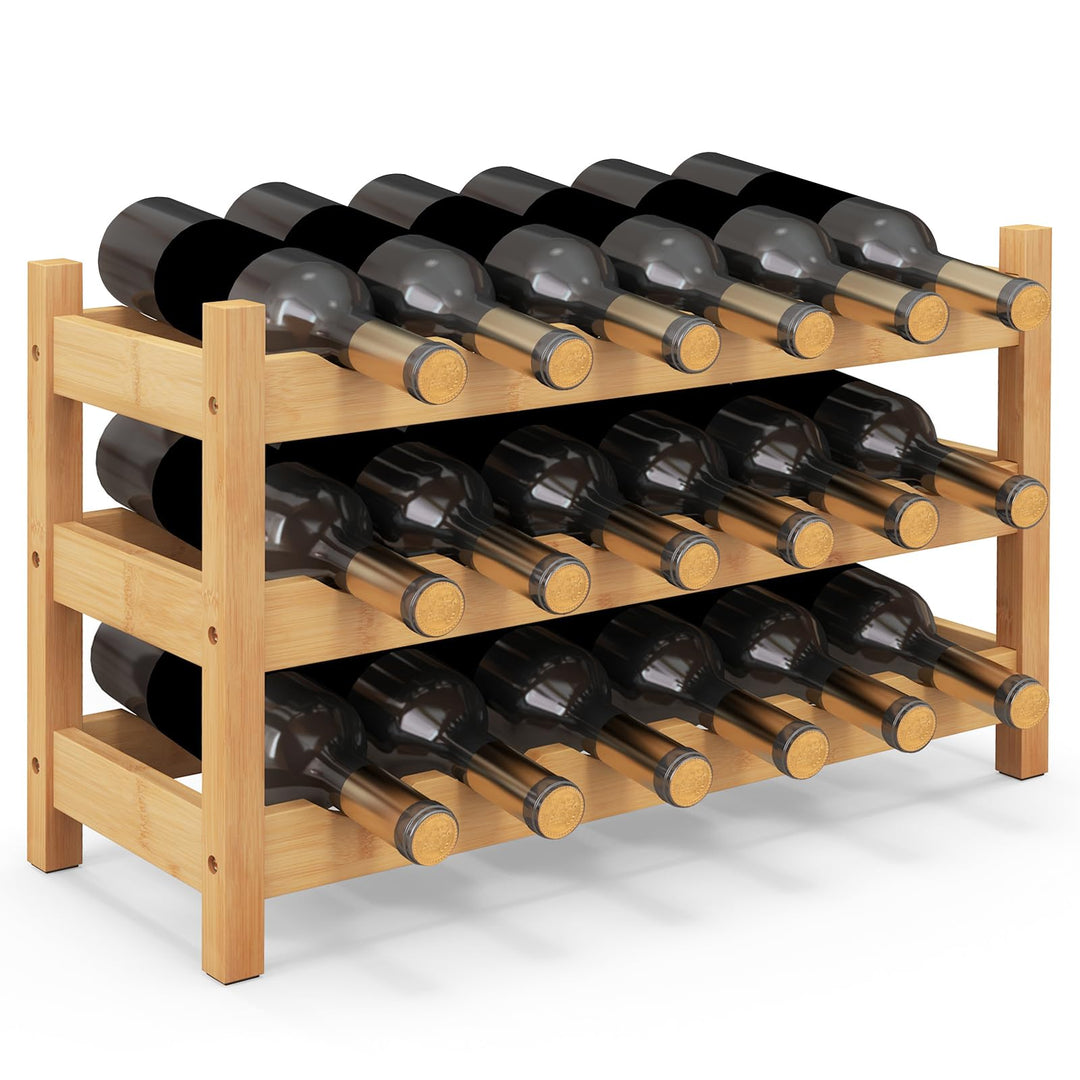 Giantex Bamboo Wine Rack, 3 Tier 18 Bottle Wine Storage Cabinet Shelf, Small Wine Rack Bottle Organizer Freestanding Counter