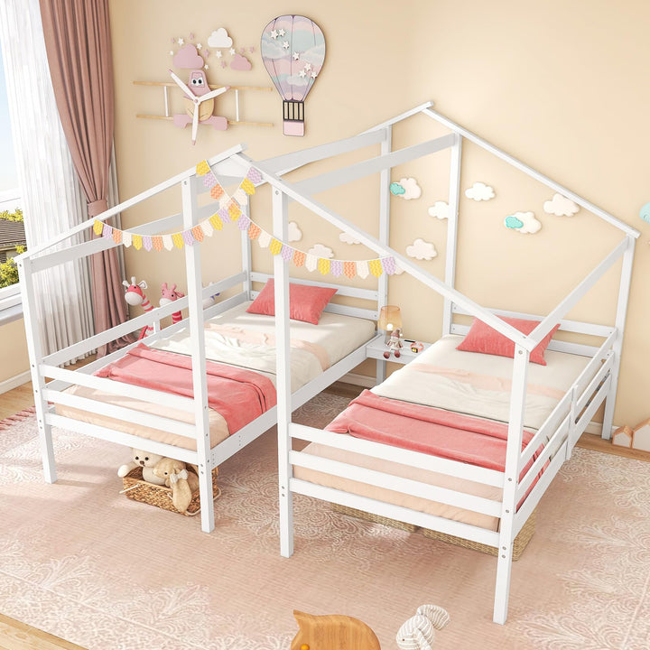 Giantex Double Twin Bed Frames for Kids, Wood House Shaped Platform with Built-in Nightstand & USB Port