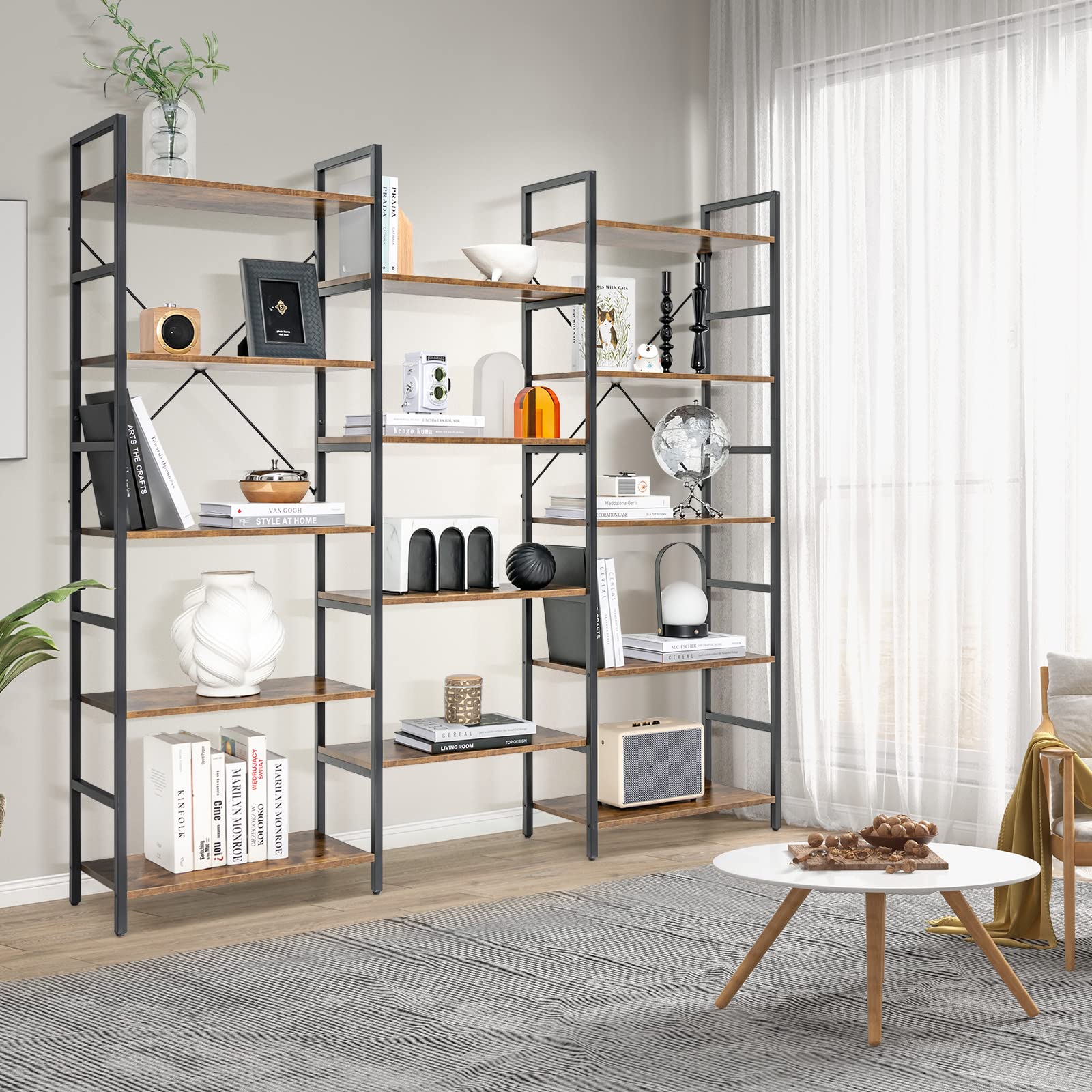 Giantex Triple 5-Tier Industrial Bookshelf- Freestanding Metal Frame Ladder Bookcase with 14 Open Shelves