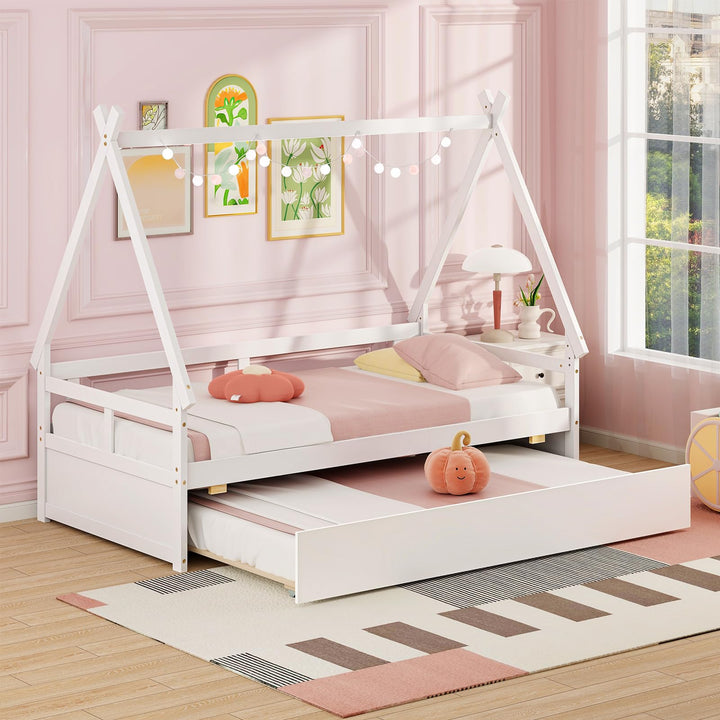 Giantex Twin House Bed with Trundle, Wood Montessori Tent Bed Frame with Safety Guardrail White