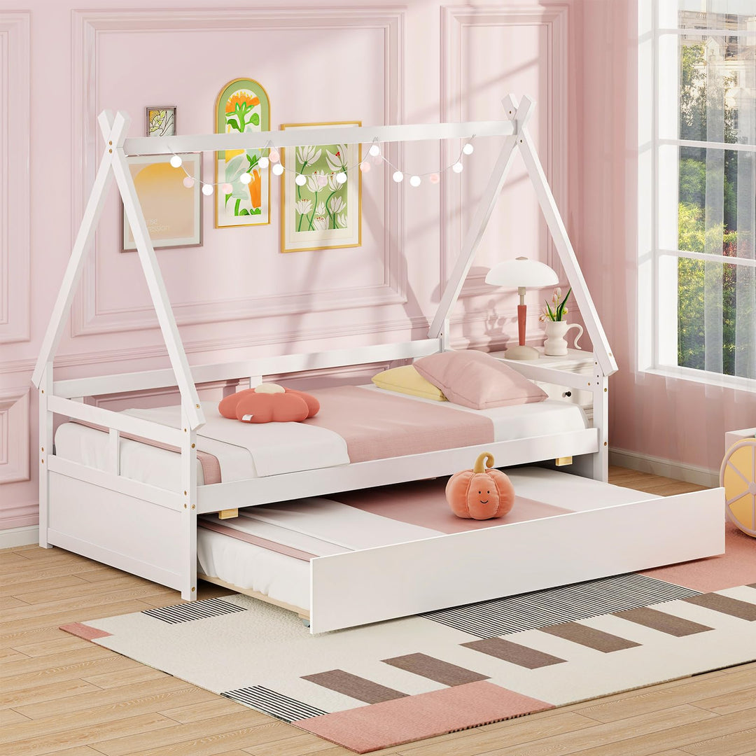montessori tent bed Giantex Twin House Bed with Trundle, Wood Montessori Tent Bed Frame with Safety Guardrail White