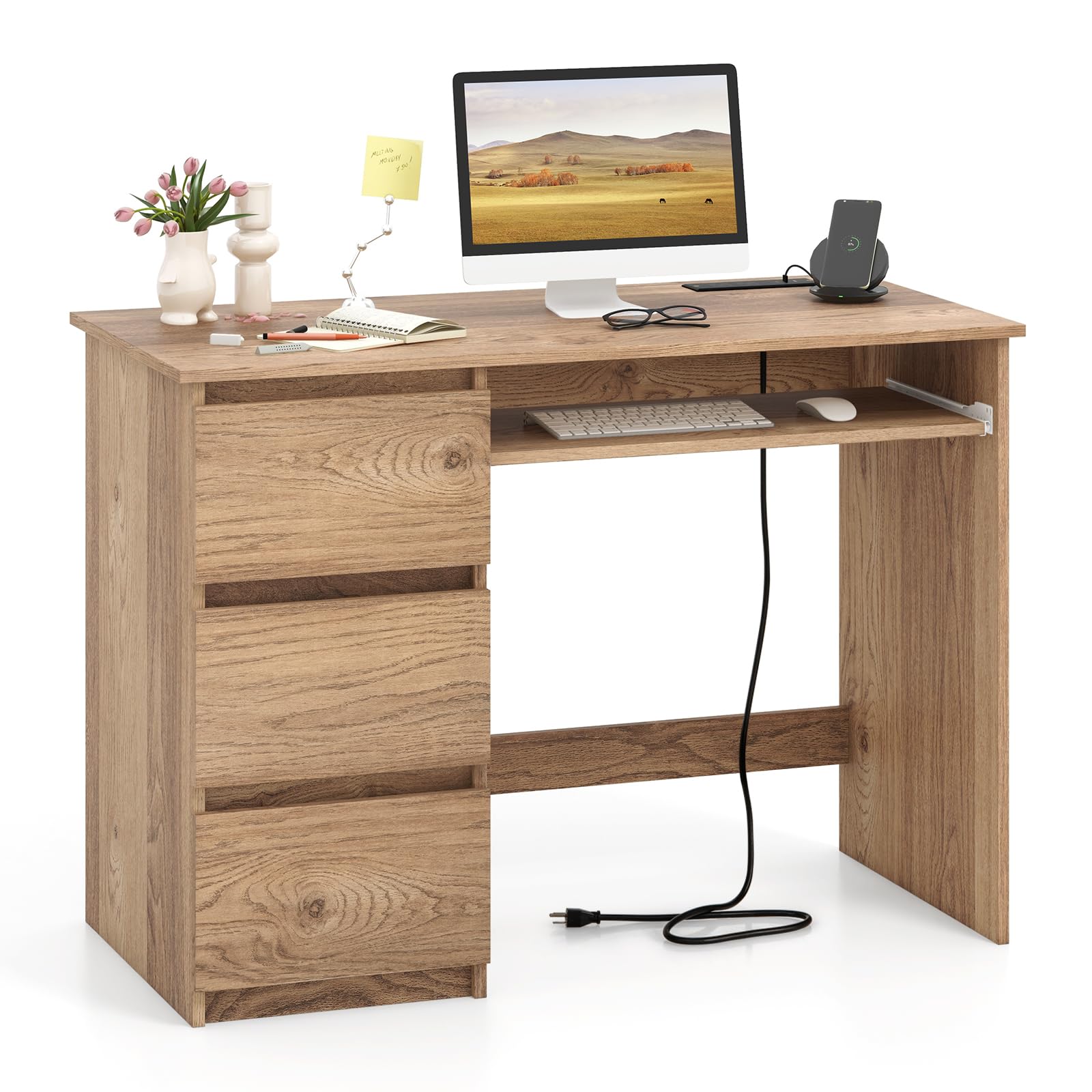 Giantex Computer Desk with Power Outlet, Modern Office Desk with Keybo ...