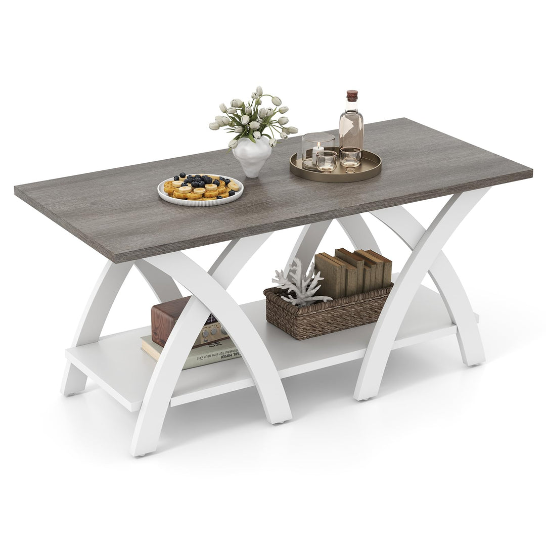 Giantex Farmhouse Coffee Table 2-Tier Wood Center Table with Storage Shelf & X-Shaped Support Legs