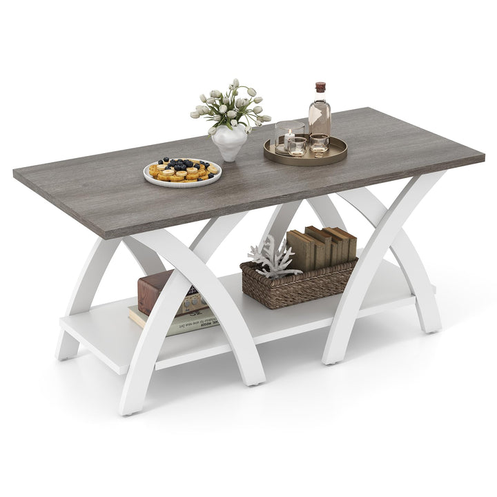 Giantex Farmhouse Coffee Table 2-Tier Wood Center Table with Storage Shelf & X-Shaped Support Legs