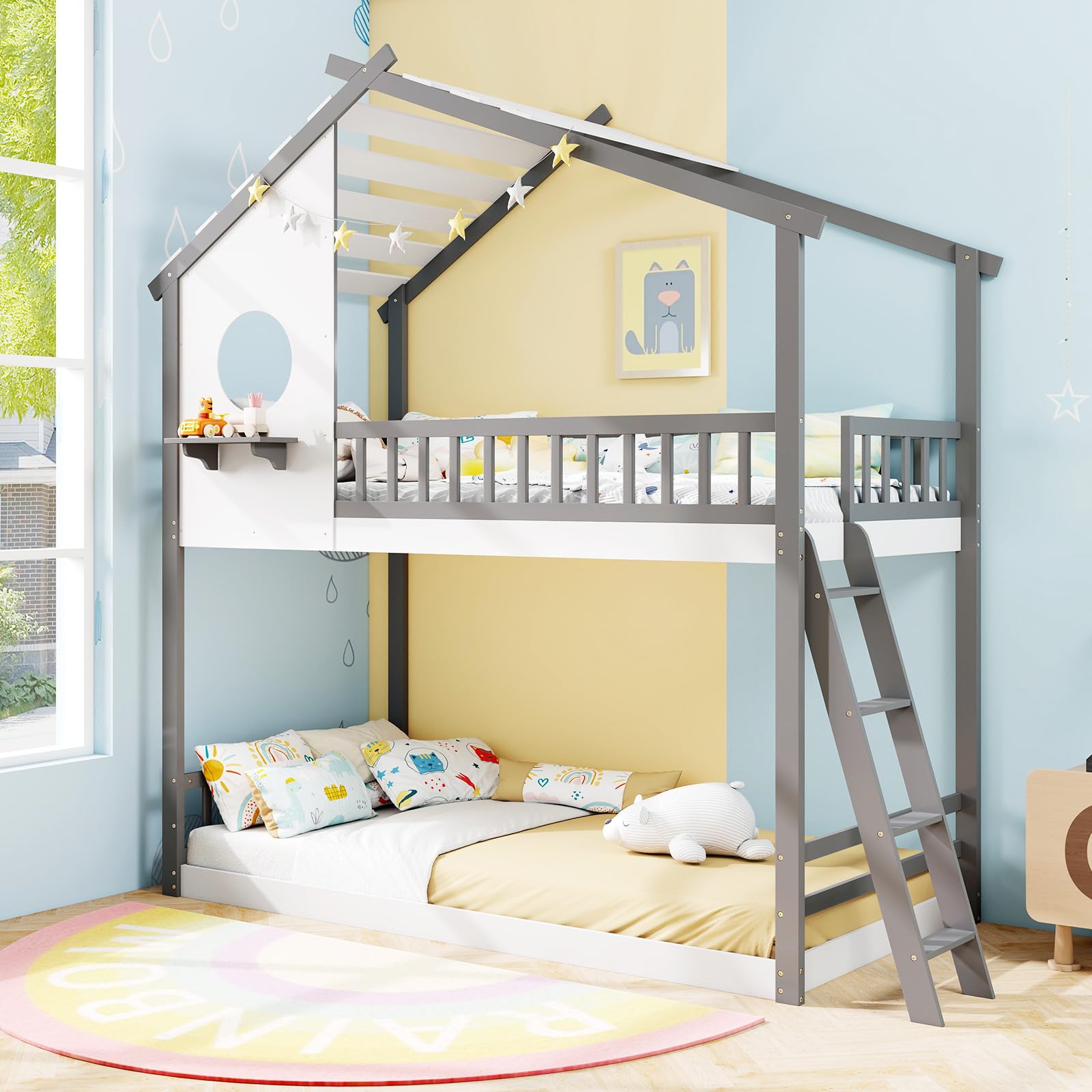 Giantex Solid Wood Floor Bunk Bed with Ladder and Full-Length Guardrails