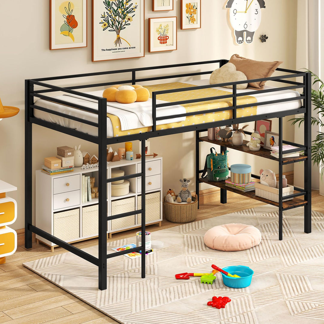 Giantex Low Loft Bed Twin Size Heavy Duty Metal Frame w/Storage Shelves