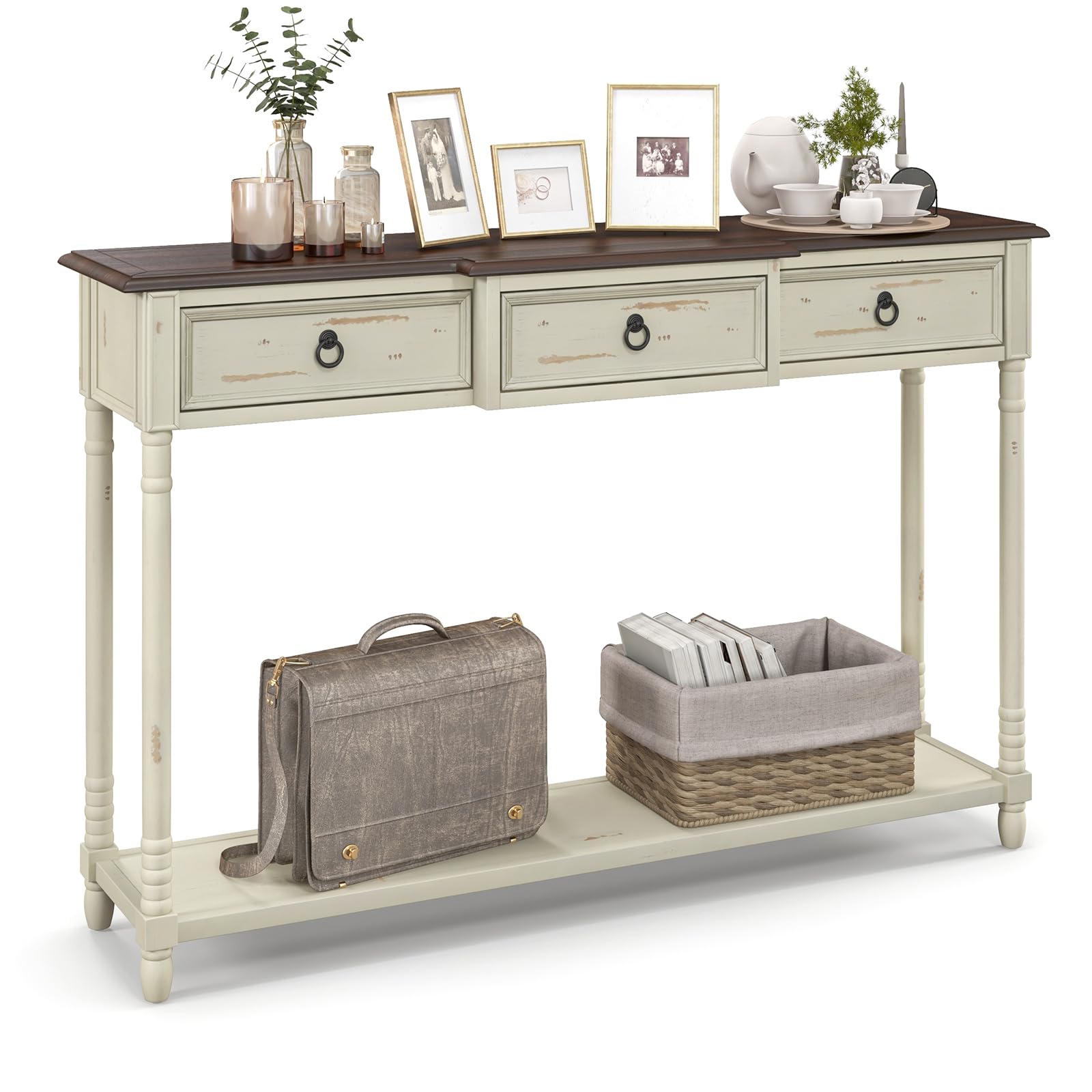 Giantex Console Table with 3 Storage Drawers - Entry Table, Rustic Farmhouse Entryway Table with Open Storage Shelf