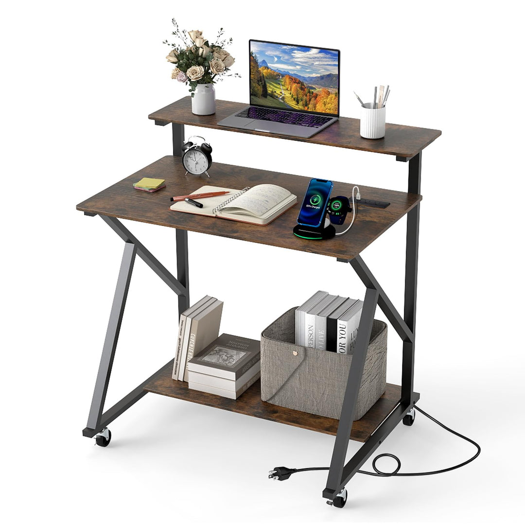 Giantex Rolling Small Desk with Storage | Compact Computer Desk for Small Spaces with Charging Station