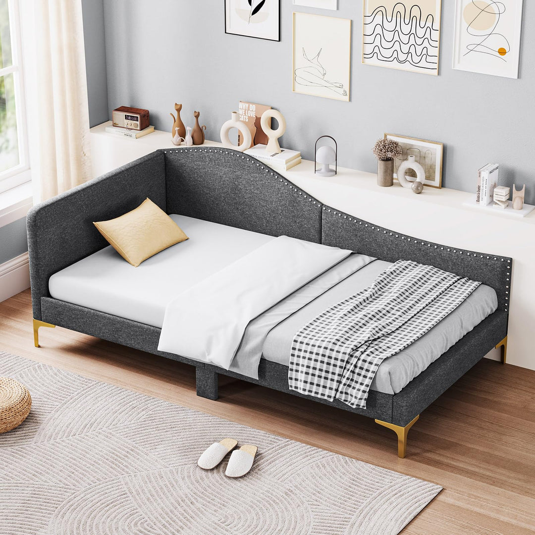 Giantex Upholstered Daybed, Rivet-Tufted Platform Bed with Headboard