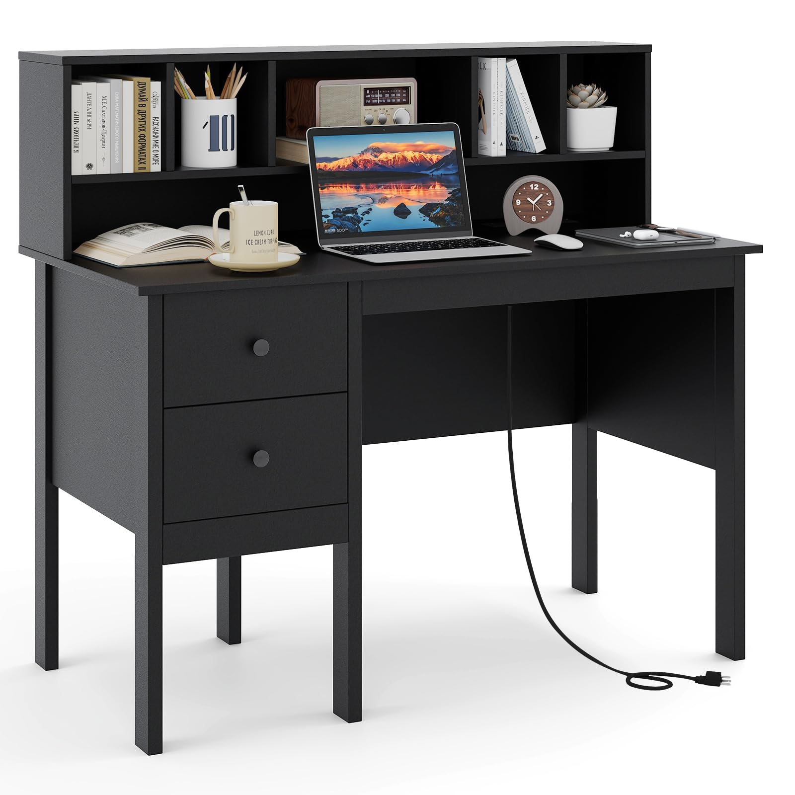 Giantex White Desk with Drawers and Power Outlet, 48" Home Office Computer Desk with 5-Cubby Hutch
