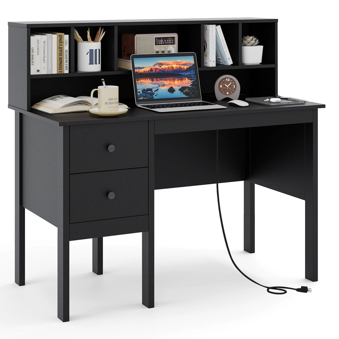 Giantex White Desk with Drawers and Power Outlet, 48" Home Office Computer Desk with 5-Cubby Hutch