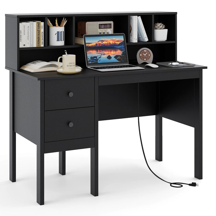 Giantex White Desk with Drawers and Power Outlet, 48" Home Office Computer Desk with 5-Cubby Hutch
