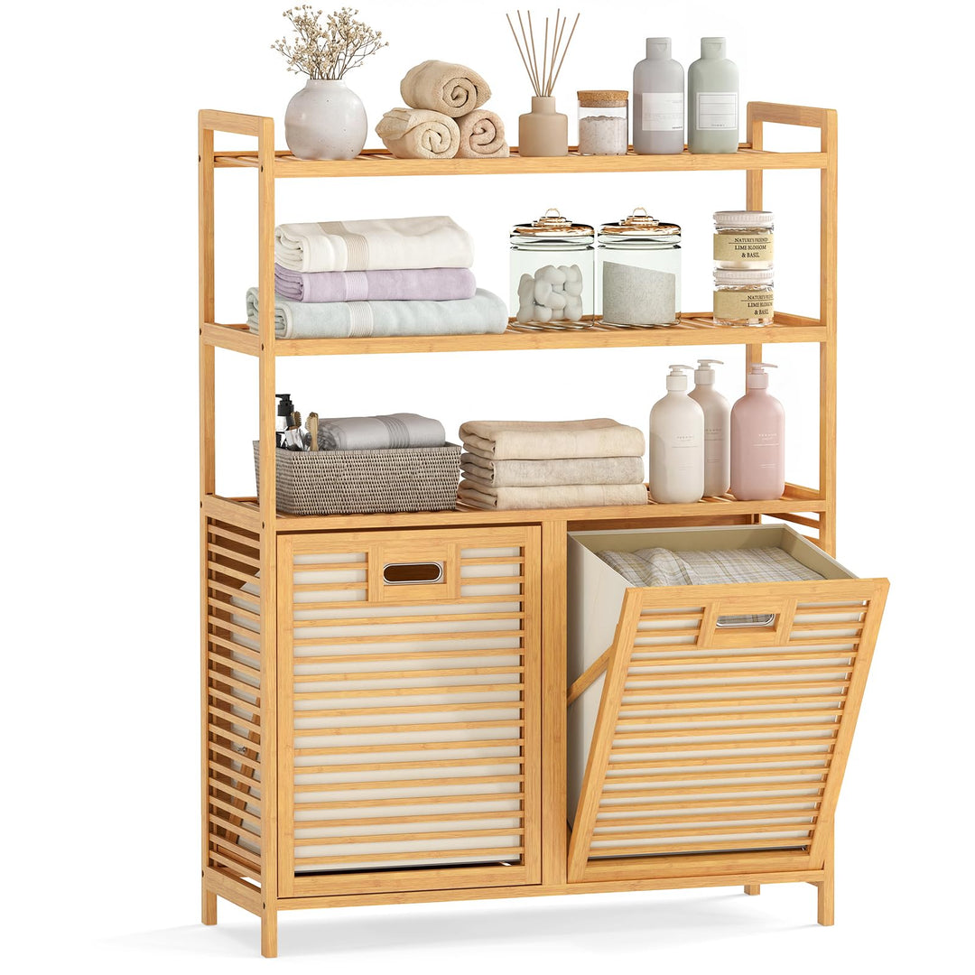 Giantex Double Tilt Out 14 Gal Bamboo Laundry Hamper with 3-Tier Storage Shelf