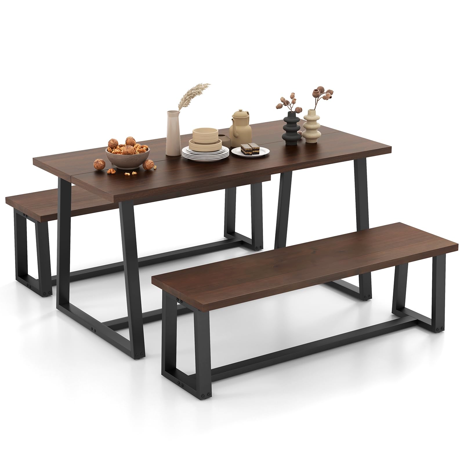 Giantex Dining Table Set for 4, 63” Table and 56.5” Benches Set for 4-6 People with Metal Frame