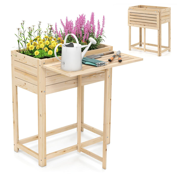 Giantex Wood Raised Garden Bed w/Folding Drop-Leaf Potting Table