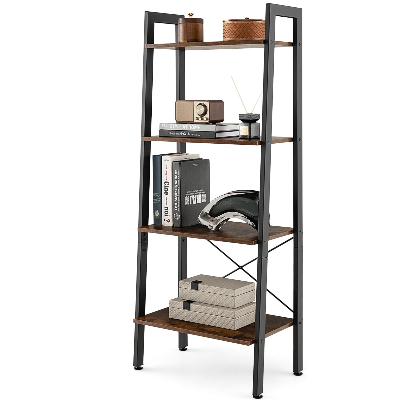 Giantex Industrial 4-Tier Bookshelf, Ladder Bookshelf with Metal Frame, Anti-Tipping Kits
