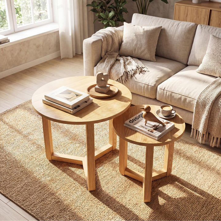 Giantex Farmhouse Round Nesting Coffee Table Set of 2 Wood Nesting End Tables