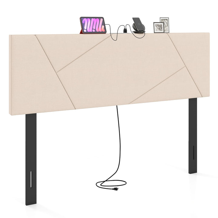 Giantex Geometric Upholstered Head Board with 2 AC Outlets for Queen and Full Size Bed
