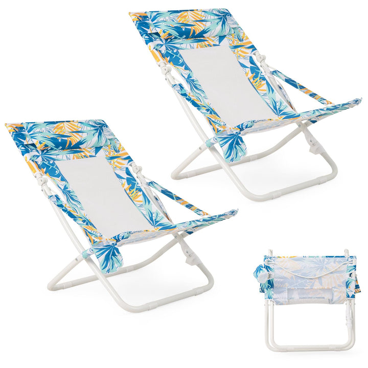 Giantex 2-Pack Low Lawn Chairs with Padded Head Pillow Mesh Back Cup Holder