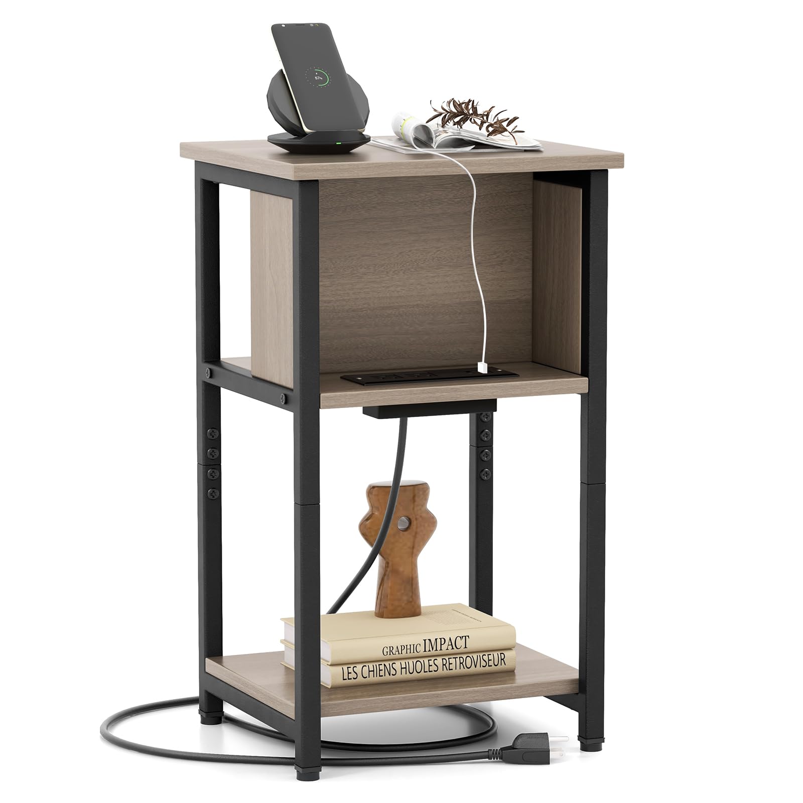 Giantex Nightstand with Charging Station, 3-Tier End Table with USB Ports & Power Outlets