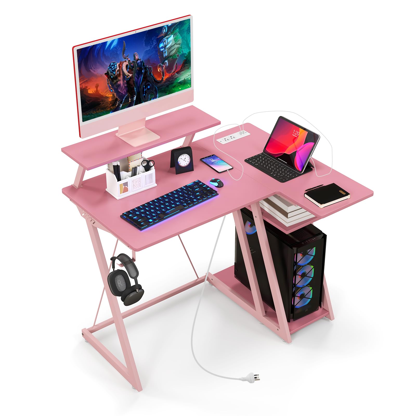 Giantex L Shaped Gaming Desk with Outlets & USB Ports, Small Computer Desk with Monitor Shelf