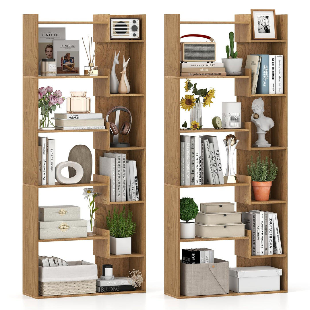 Giantex 6-Tier Bookshelf Wooden Bookcase with Staggered Shelves