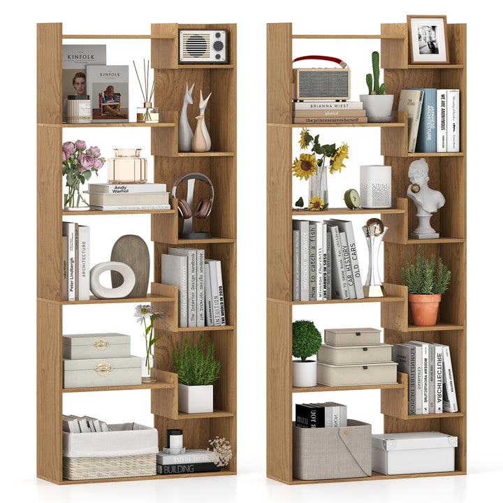 Giantex 6-Tier Bookshelf Wooden Bookcase with Staggered Shelves
