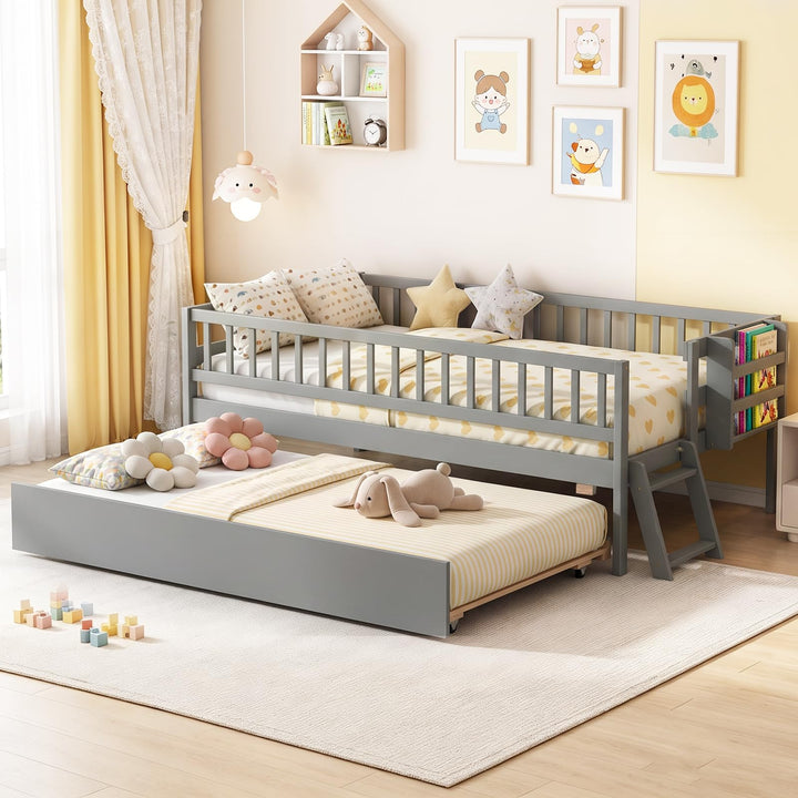 GIANTEX Trundle Bed Twin Size with Bookshelf | 2-Step Ladder for Kids