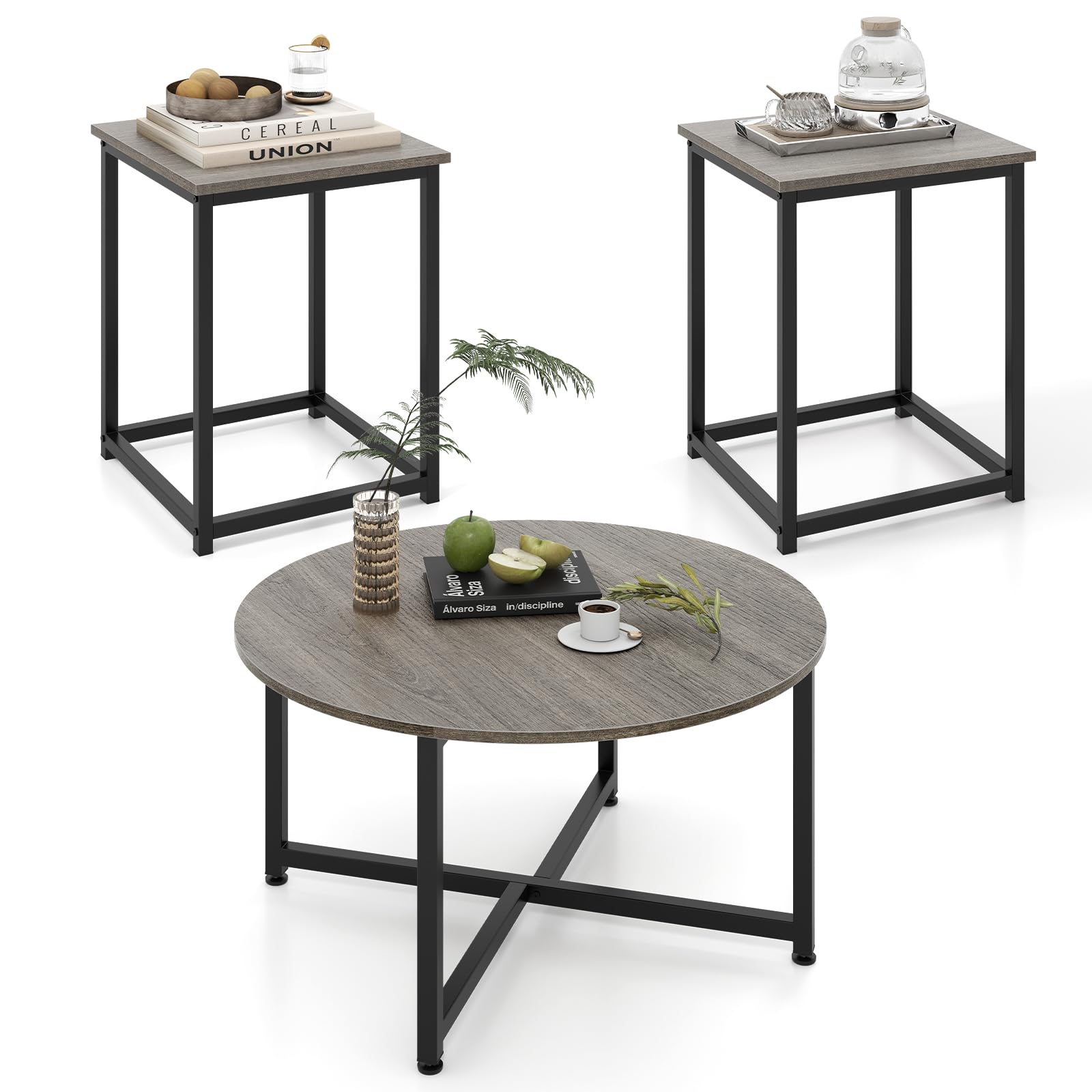 Giantex Round Nesting Table Set of 3, Farmhouse Coffee Table w/2 End Tables, Sturdy Metal Frame (Black Oak)