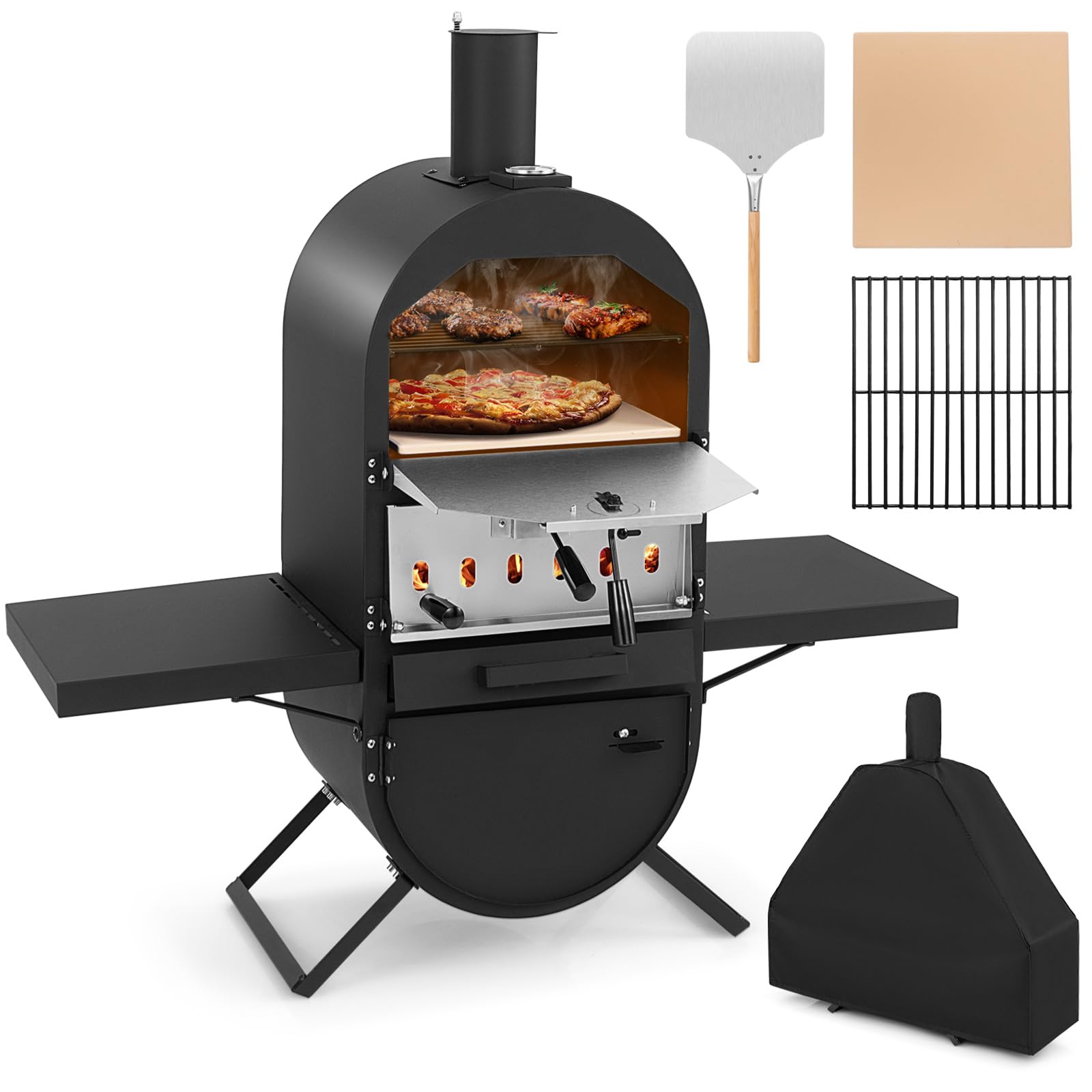 Giantex Pizza Oven Wood Fired - 2-Layer Outdoor Pizza Oven with Side Tables