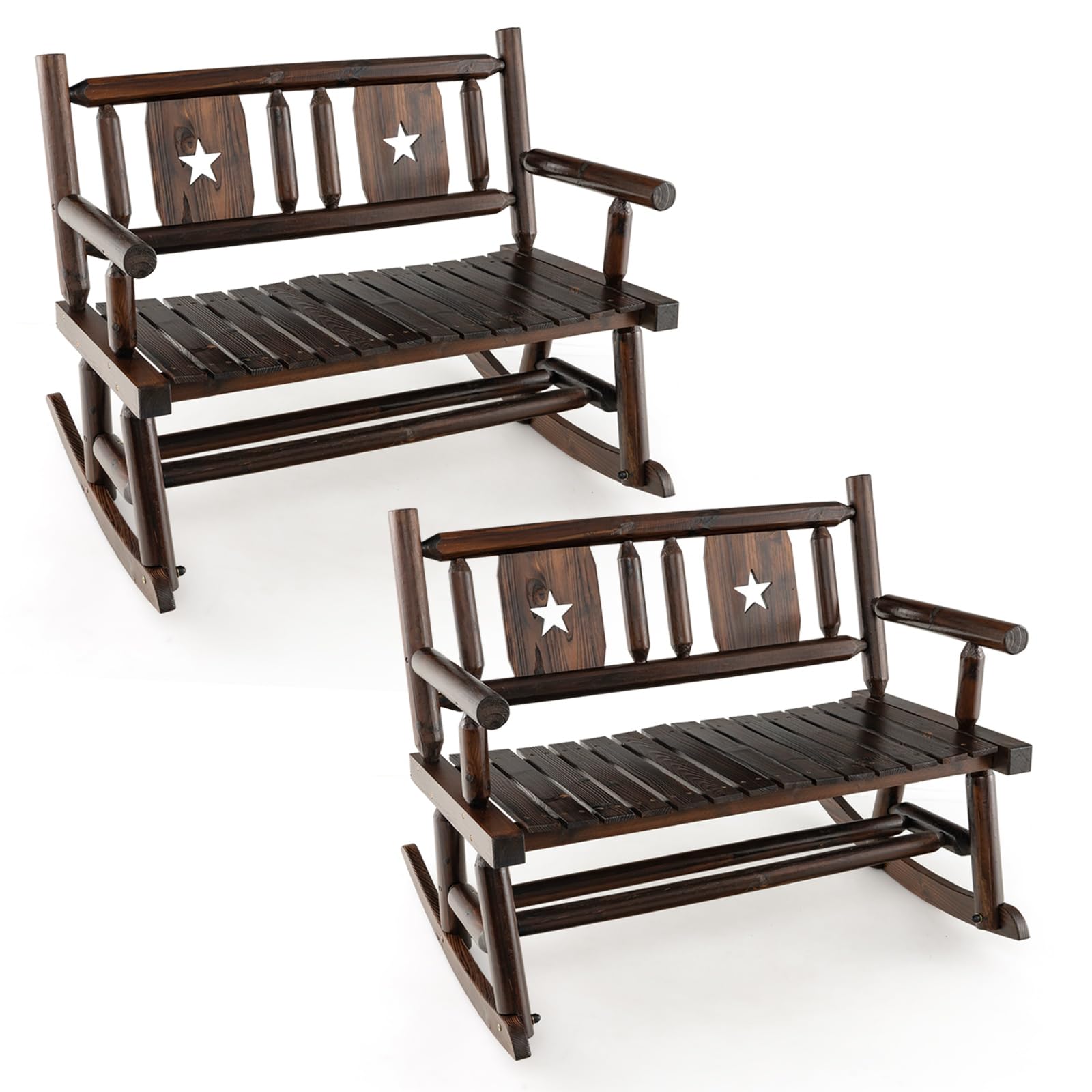 Giantex Outdoor Rocking Bench, Patio Loveseat Rocker for 2 w/Ergonomic Back & Log Arms, Carbonized Fir Wood Frame