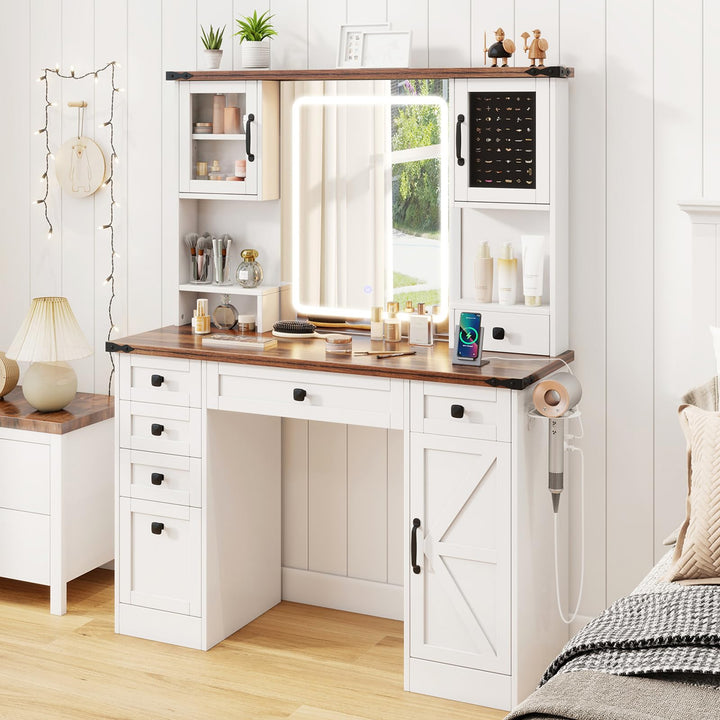 CHARMAID Vanity Desk with Mirror and Lights, Farmhouse Makeup Vanity Desk with 7 Drawers, 45" White Vanity Dressing Table for Bedroom