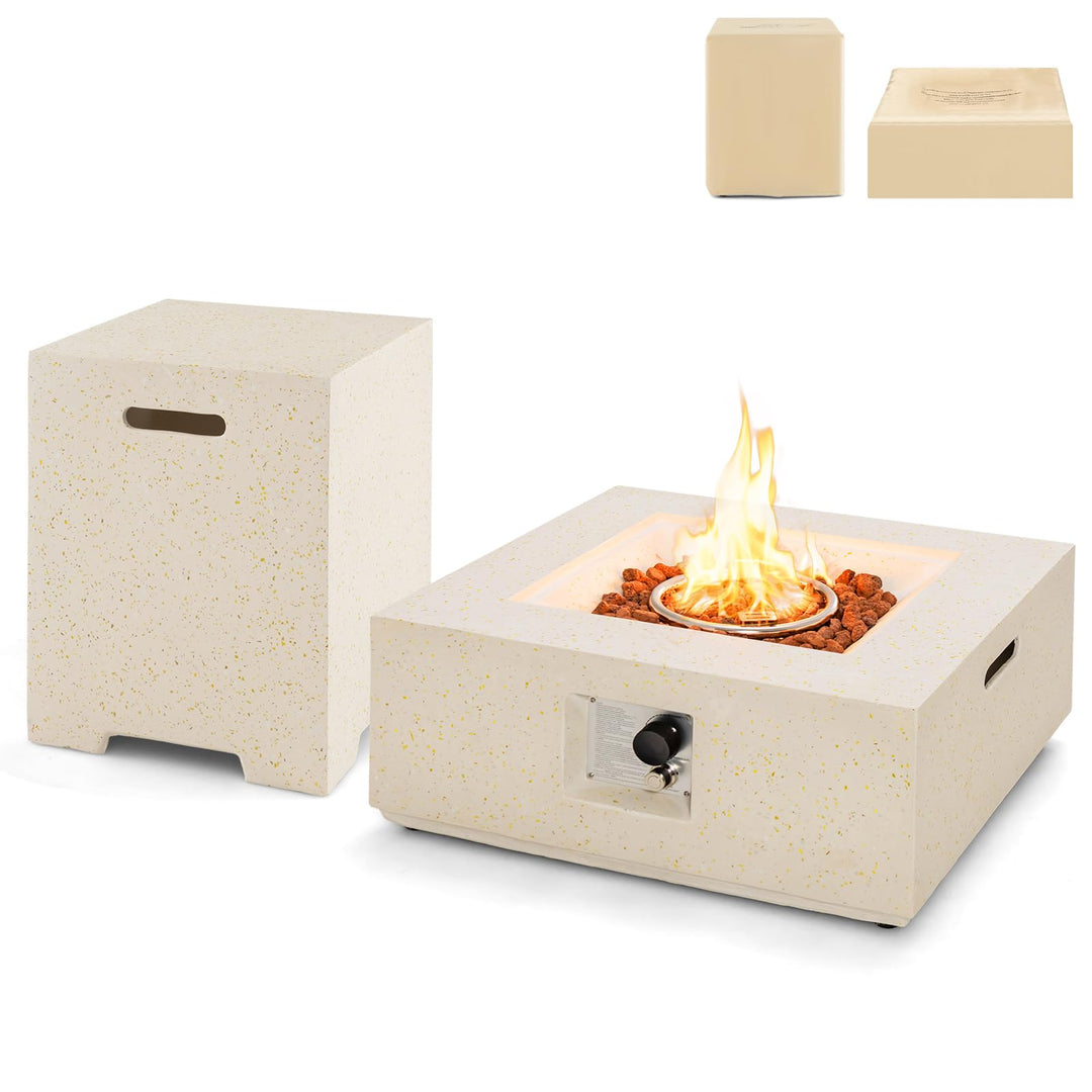 Giantex Propane Fire Pit Table Set, 40,000 BTU 28" Terrazzo Gas Fire Table w/ 16" Hideaway Tank Holder, Protective Covers