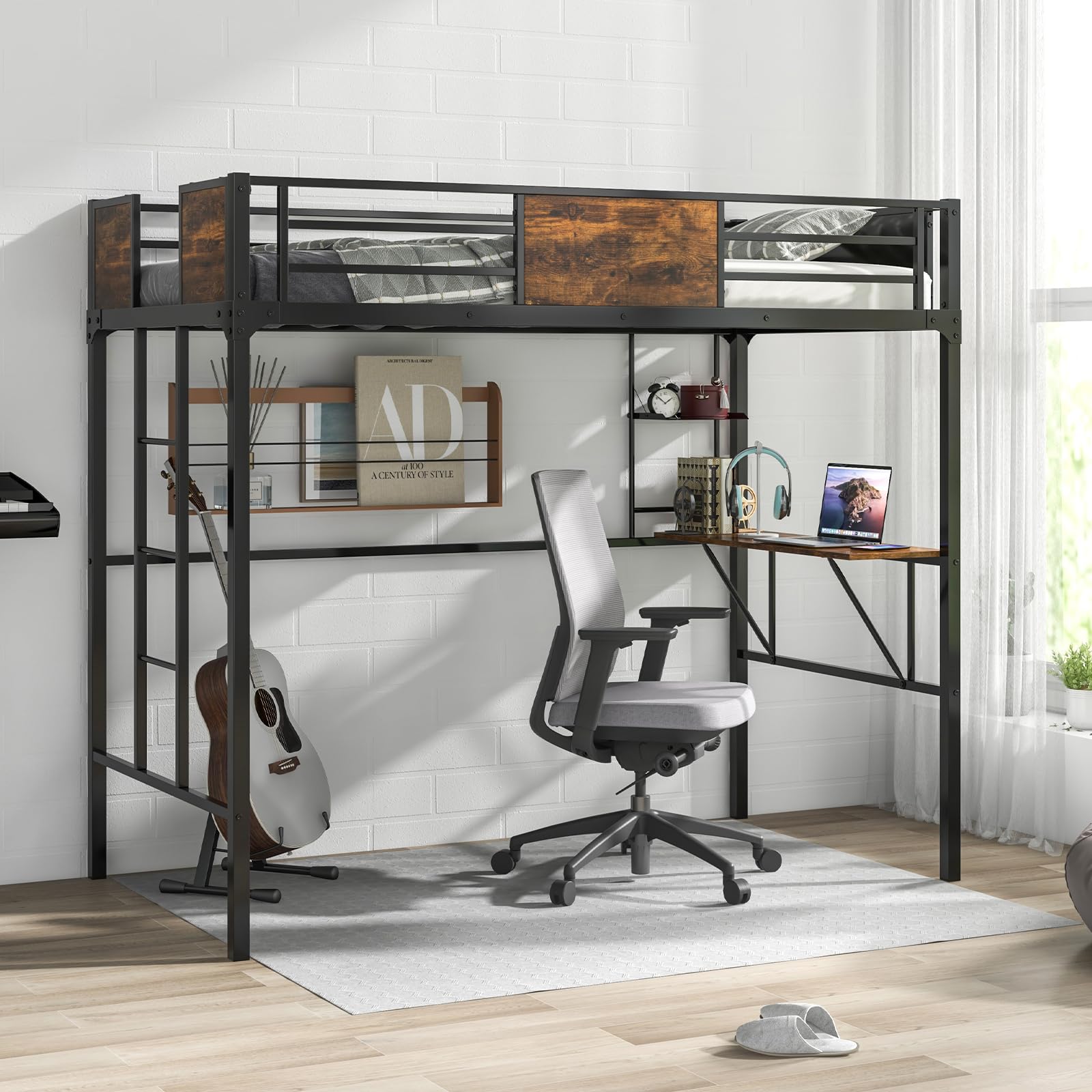 Giantex Loft Bed Twin Size with Desk and Storage Shelf