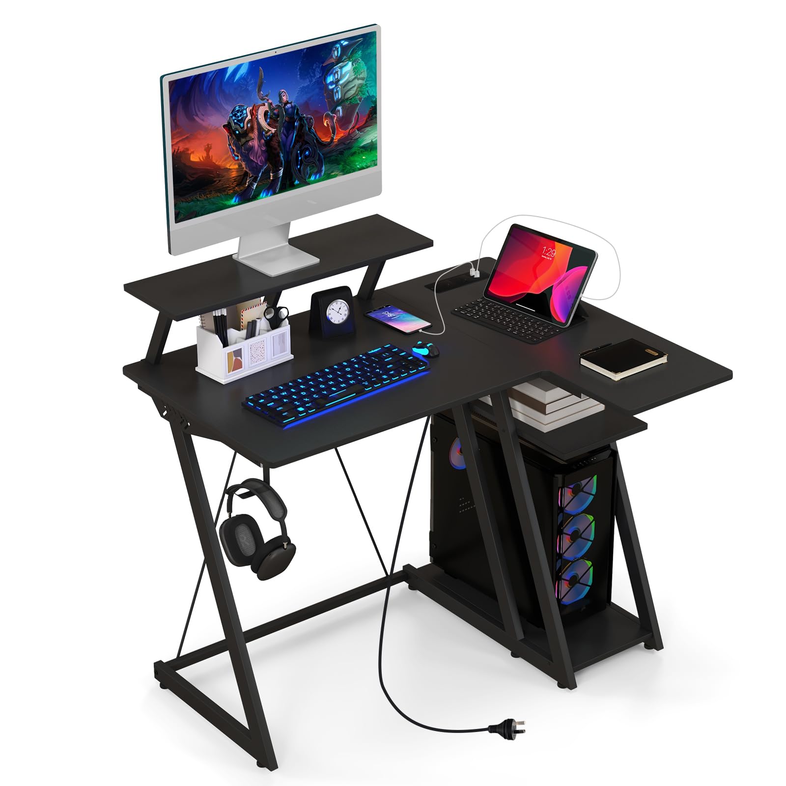 Shape Ex Giantex L Shaped Gaming Desk with Outlets & USB Ports, Small Computer ...