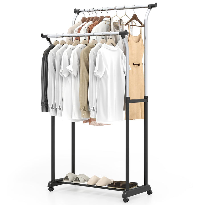 Giantex Double Rod Clothing Rack with Adjustable Height & Wheels